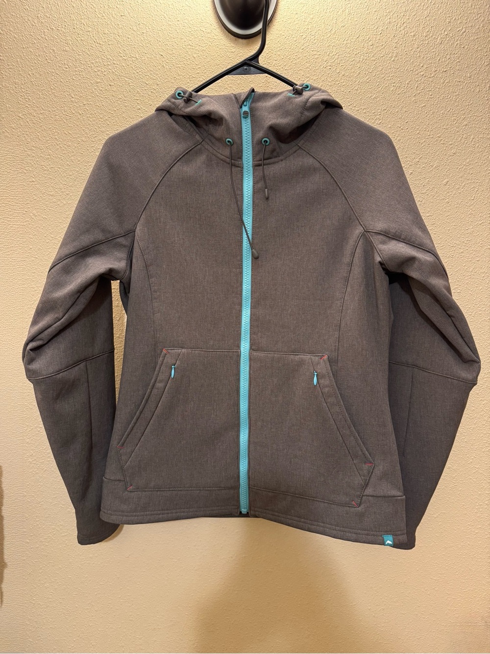 Gray Hooded Shell Jacket with Teal Zip Accents